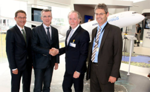 From left to right; Stratasys EMEA Aviation Strategy Unit Manager Amos Liebermann, Airbus Materials and Parts Manufacturing Officer Olivier Cauquil, Stratasys EMEA President Andy Middleton, Airbus Production and Management Strategy General Manager Mark Walker